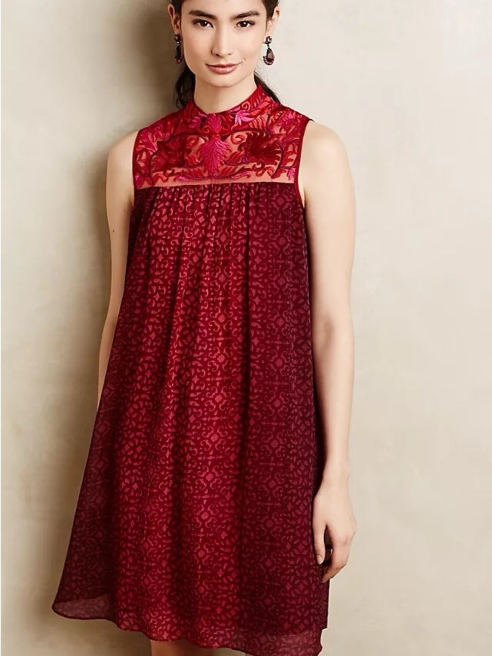 Niki Tlanapan Anthropologie Amara Embroidered Yoke High Neck Trapeze Dress 12 - Picture 4 of 6